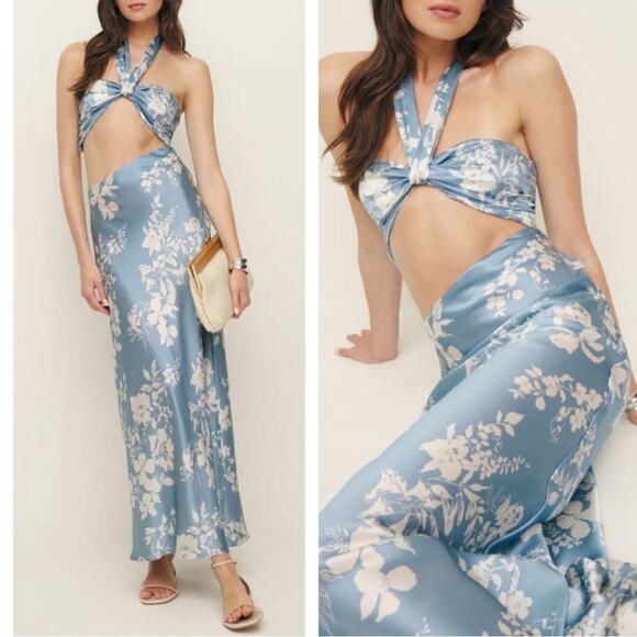 Reformation Vivi Silk Aliso Floral Halterneck Cutout Maxi Dress Size 8 - Picture 1 of 10